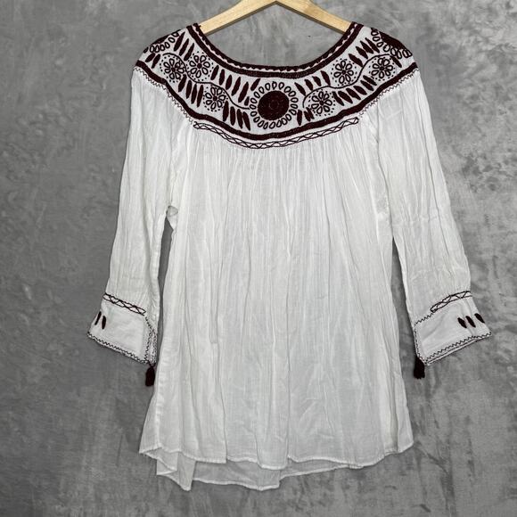 Nativa Tunic Top Womens Medium Embroidered Boho Peasant Blouse Tassel Bohemian - Picture 2 of 11